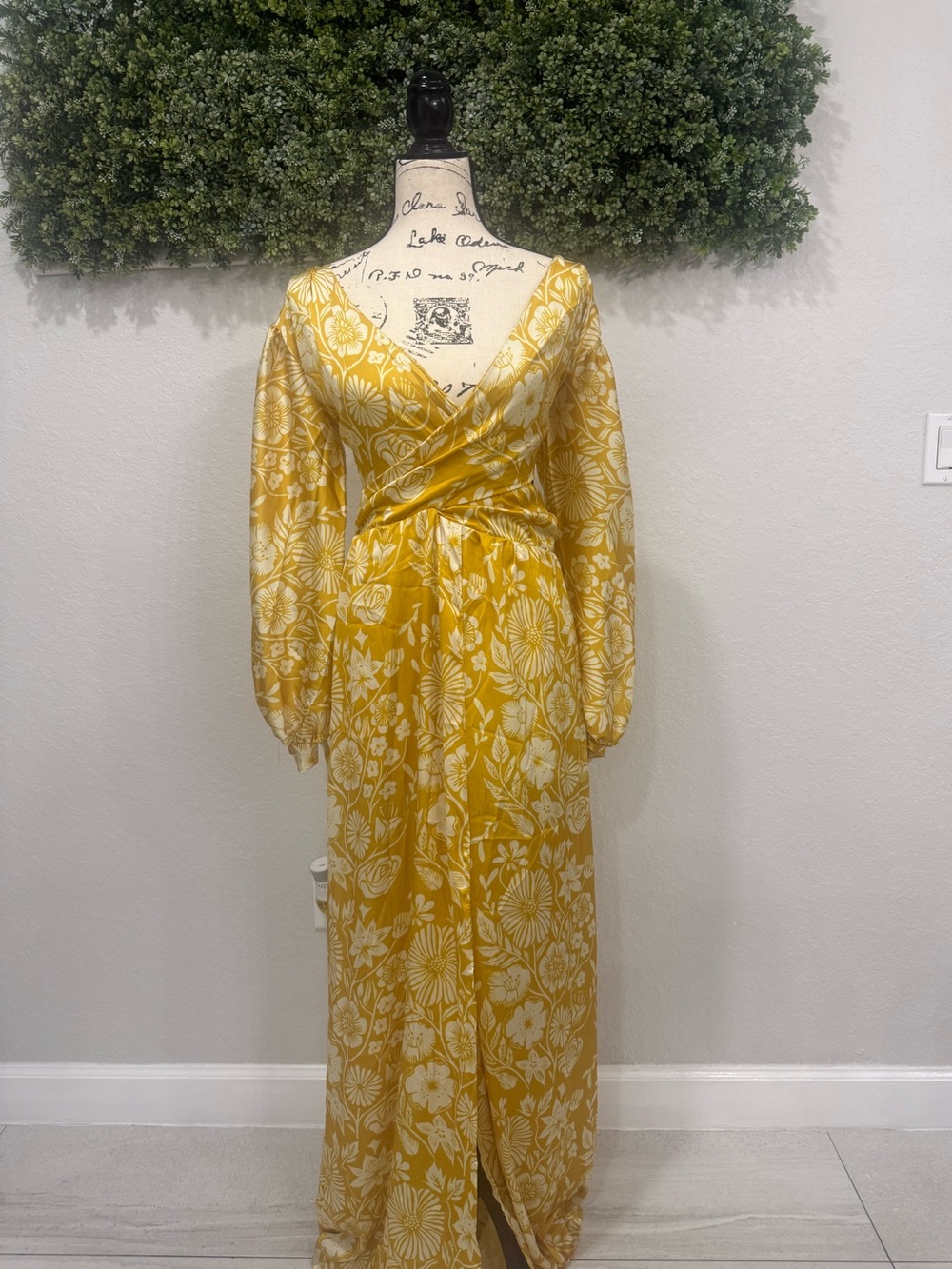 Yellow Floral Wrap Maxi Dress, Long Sleeve